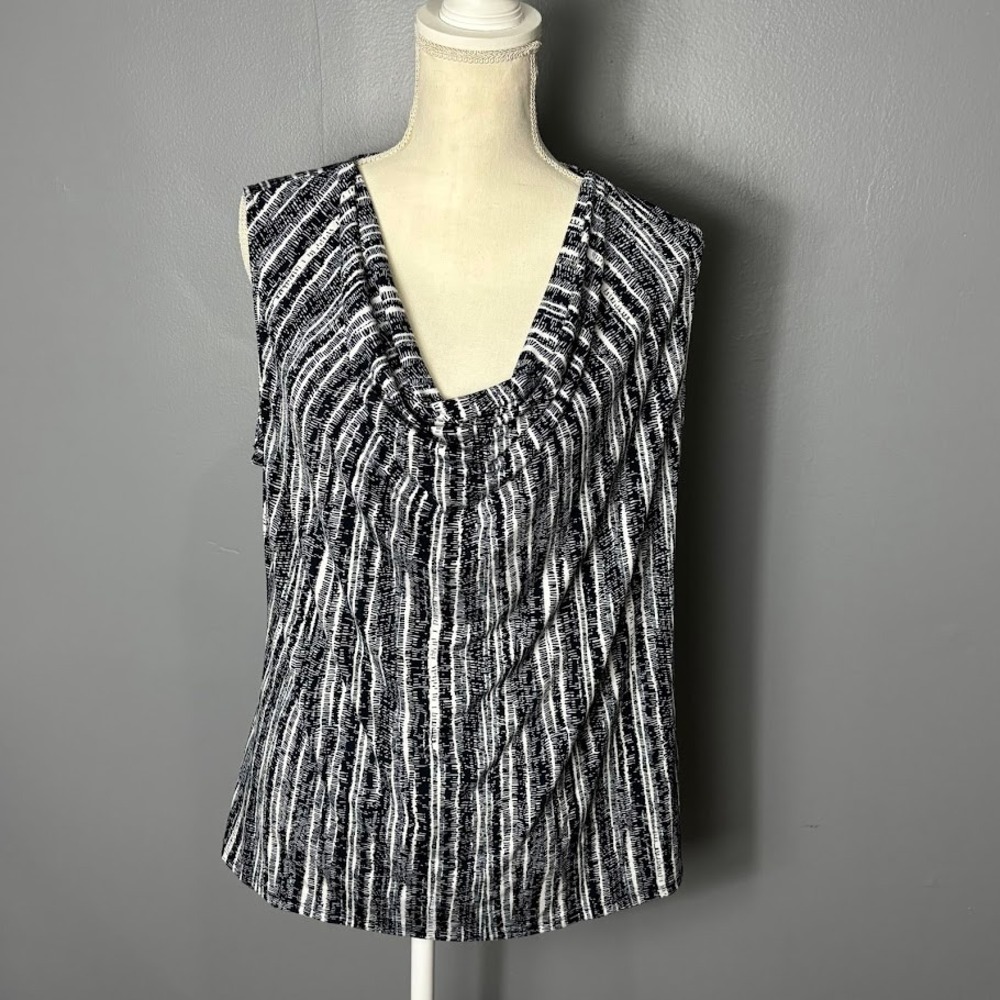 Ellen Tracy Womens Cowl Neck Sleeveless Blouse Navy Blue White Abstract Print L